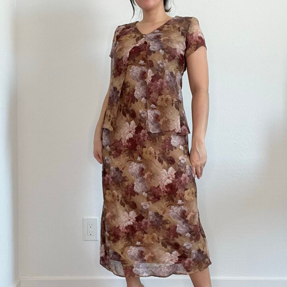 Jessica Howard Petite Floral Chiffon Midi Dress Brown Purple Overlay 90s‎ Mom